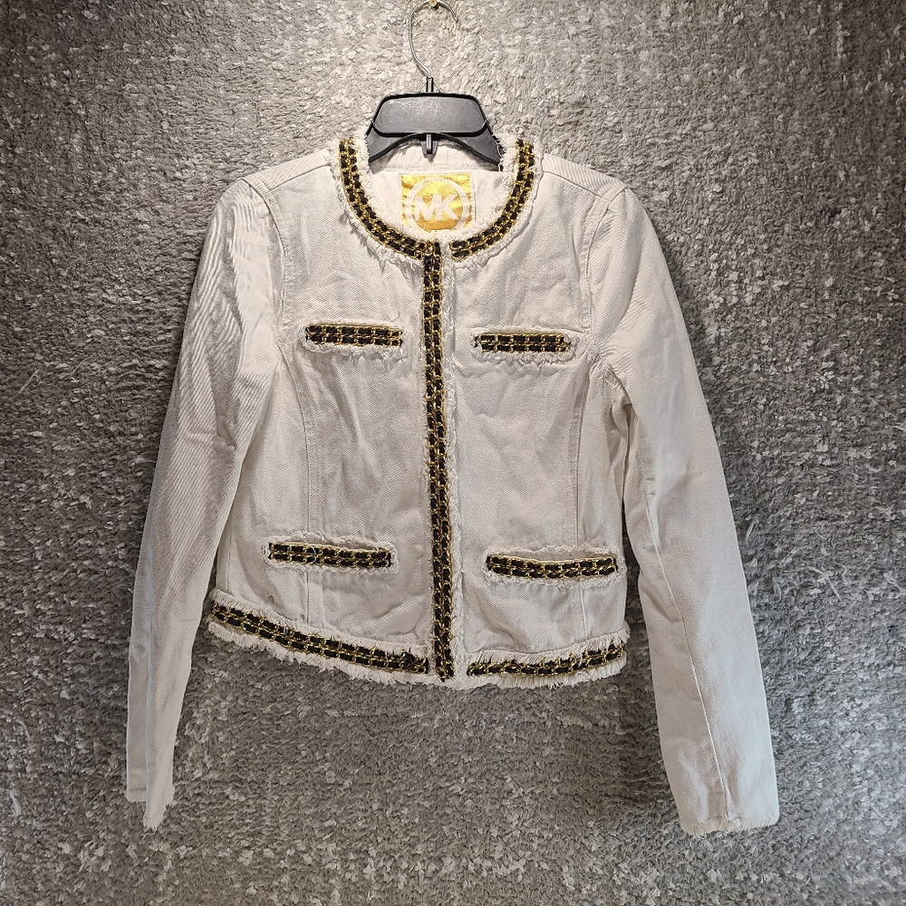 Michael Kors White Fringe With Gold Chain Jean Jacket Size 4 Front Snap Buttons